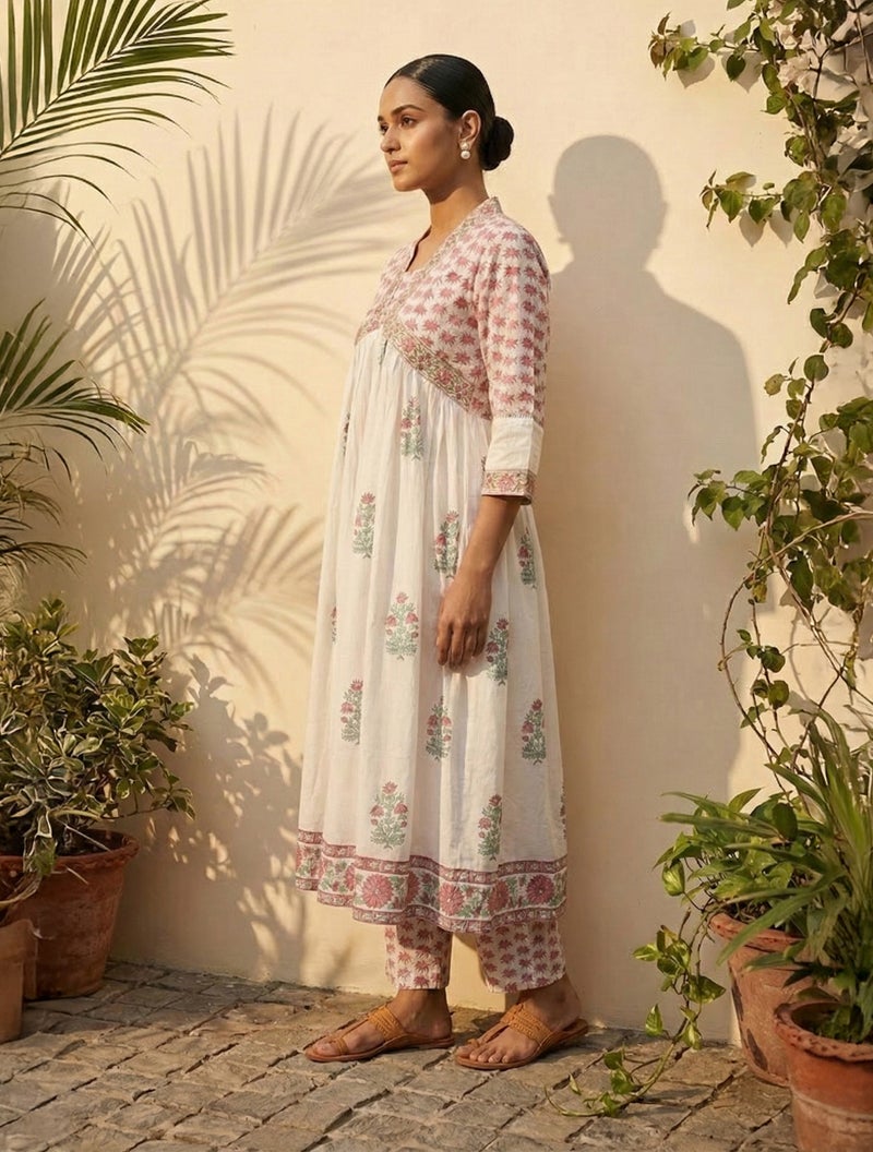 trueBrowns White Pink Boota Print Anarkali Kurta Pant Dupatta Set - Image 3